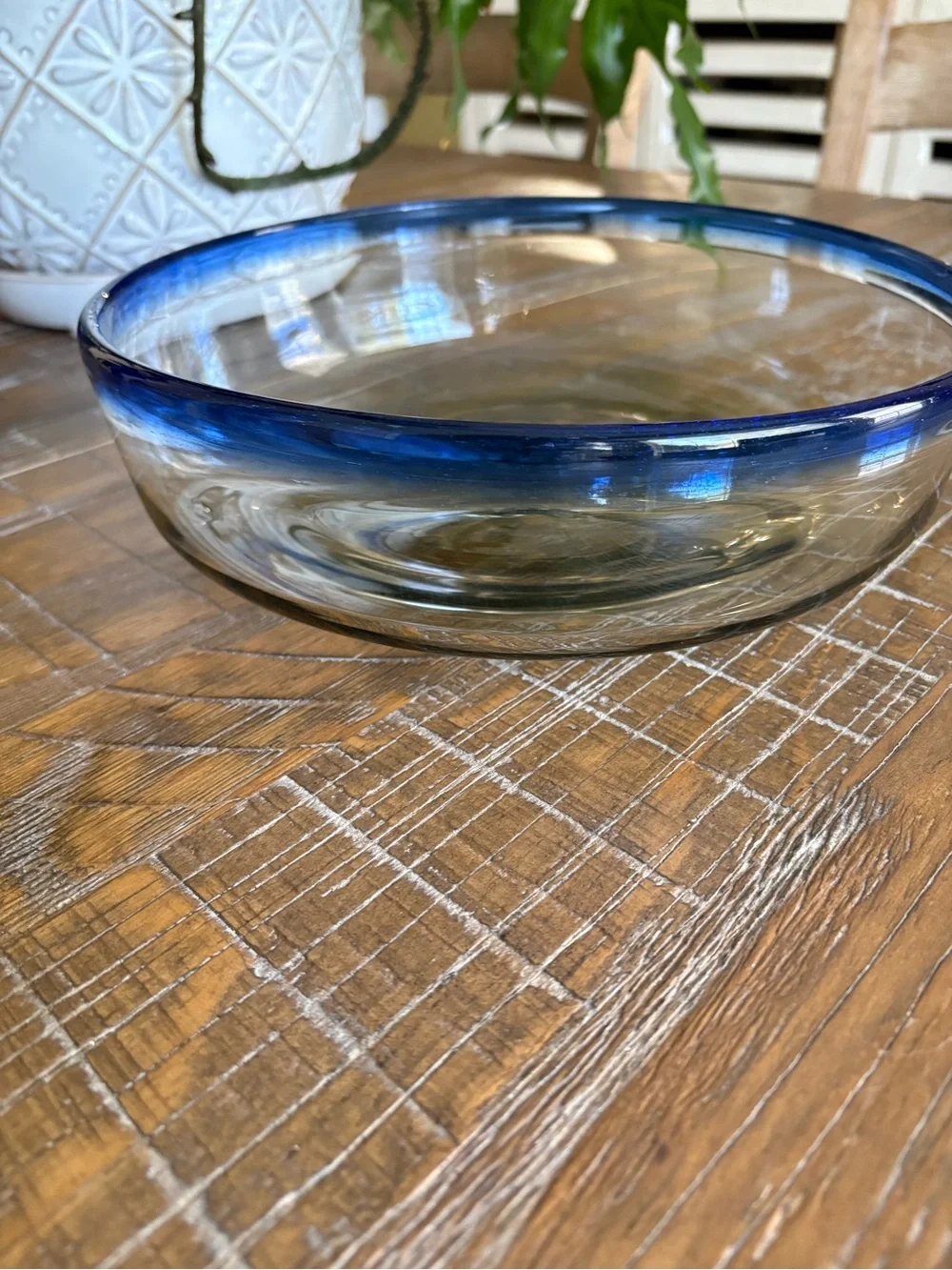 Mexican Hand Blown Glass Serving Bowl with Blue Rim - Home Dining